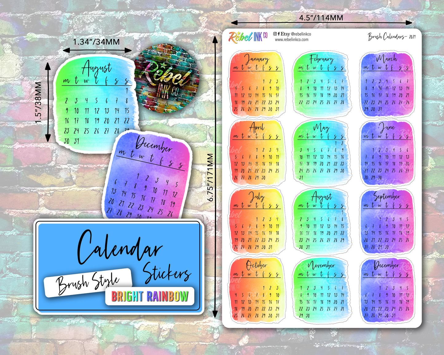 Calendar Stickers - Bright Rainbow - Brush Style