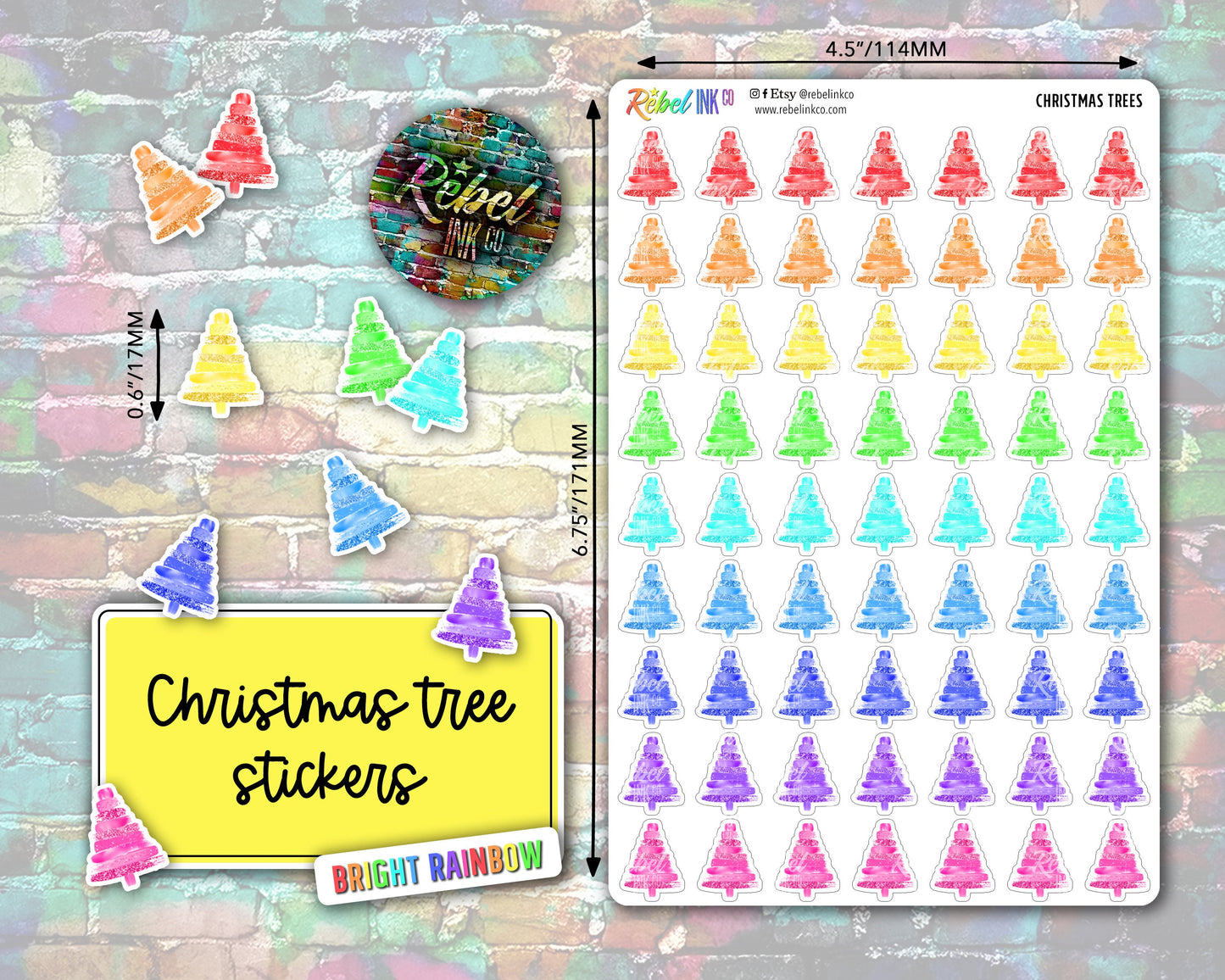 Christmas Tree Stickers - Bright Rainbow - Brush Style