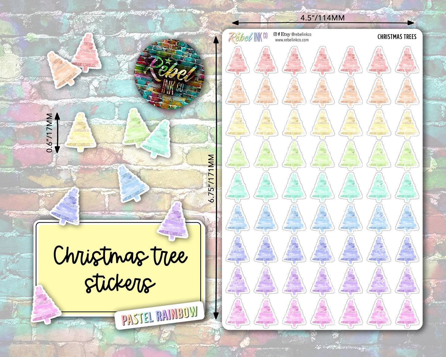 Christmas Tree Stickers - Pastel Rainbow - Brush Style