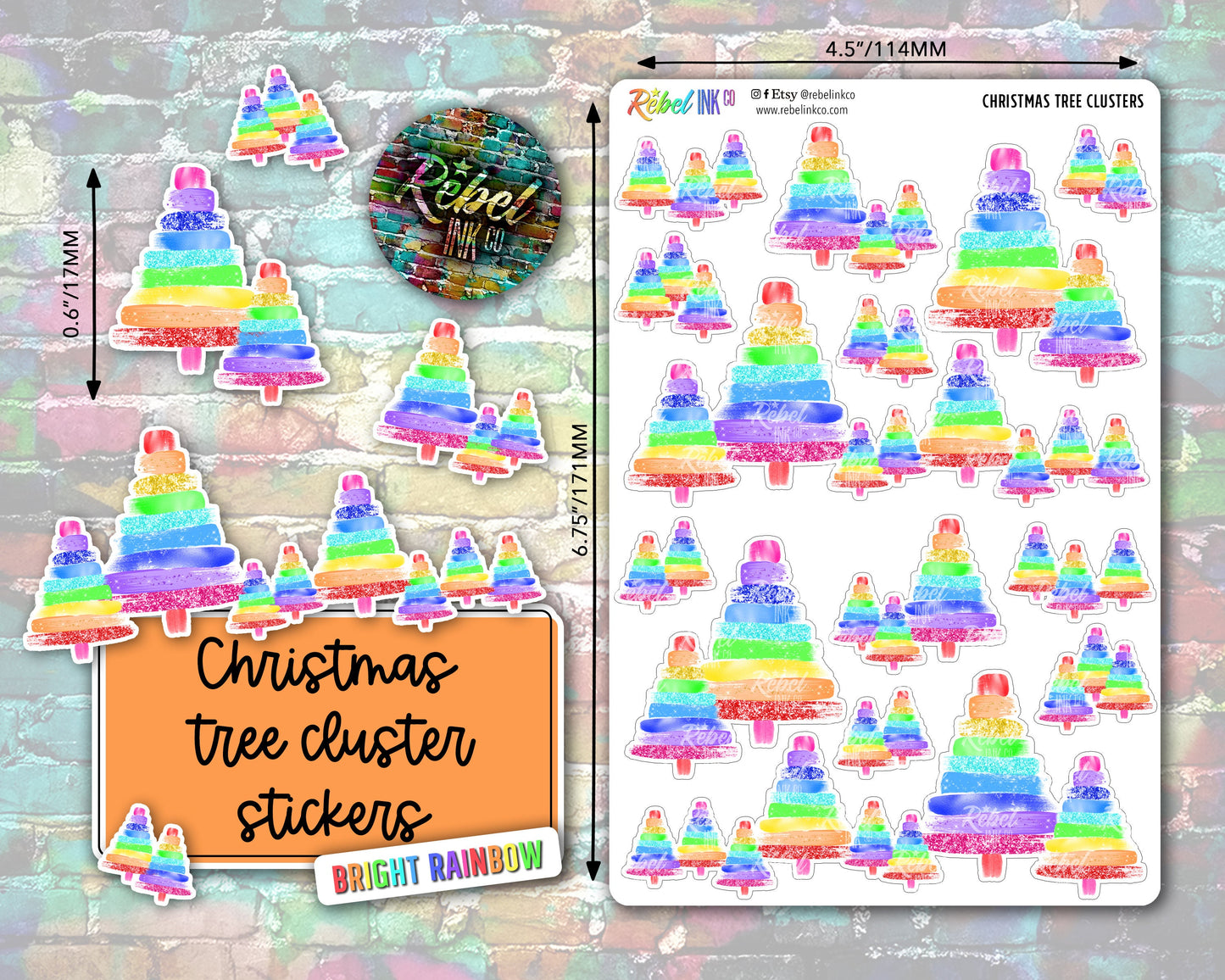 Christmas Tree Cluster Stickers - Bright Rainbow - Brush Style