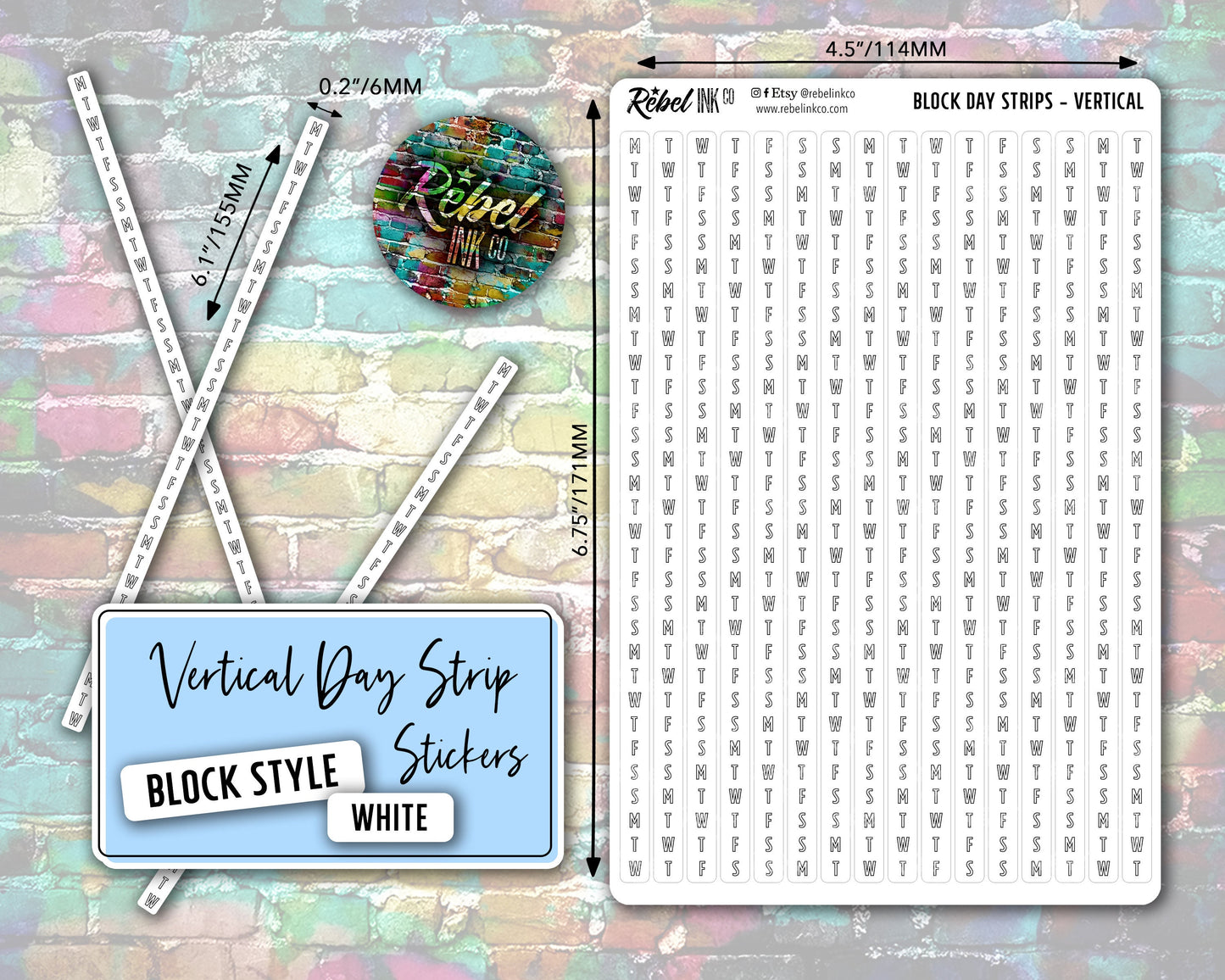 Vertical Day Strip Stickers - White - Block Style