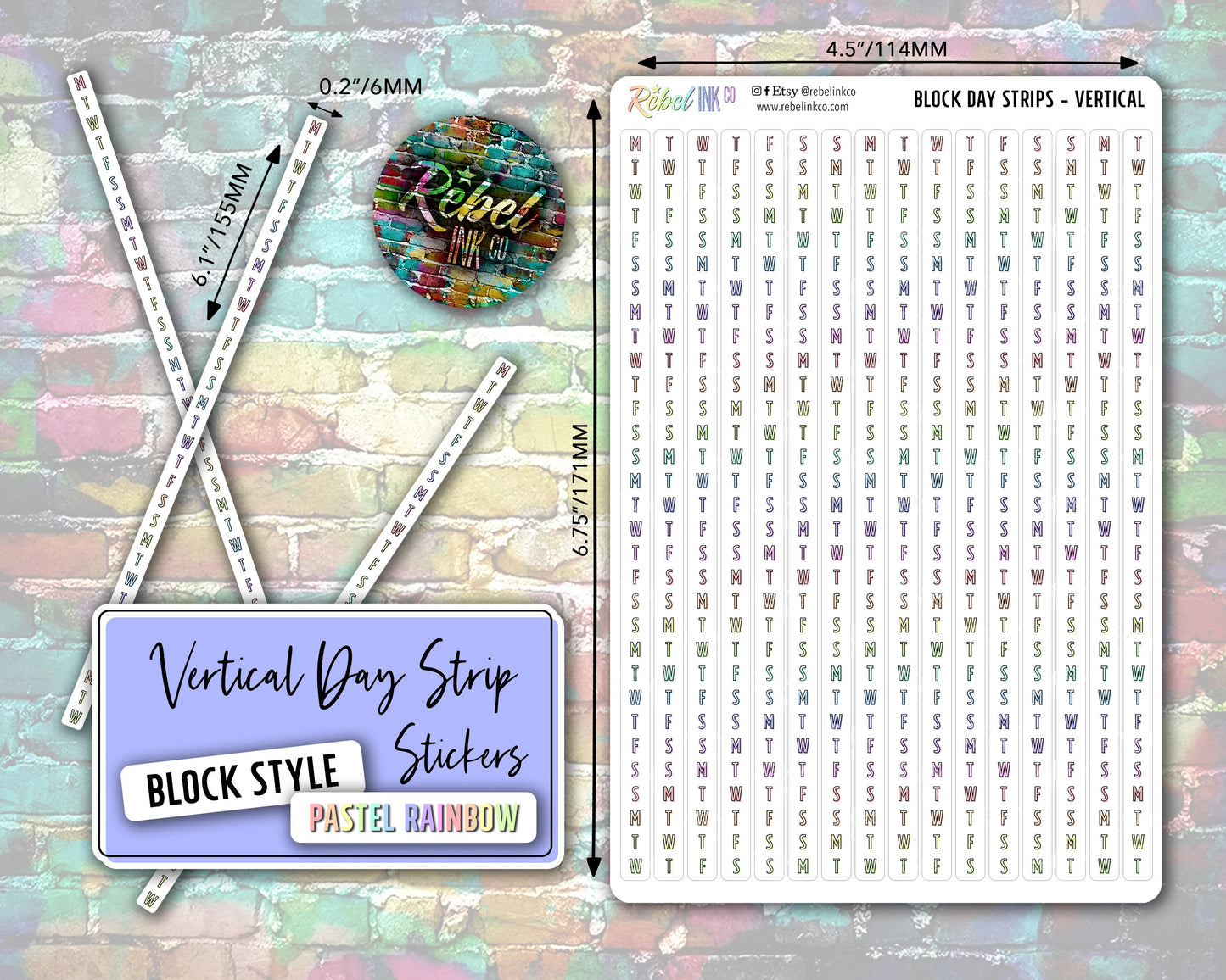 Vertical Day Strip Stickers - Pastel Rainbow - Block Style