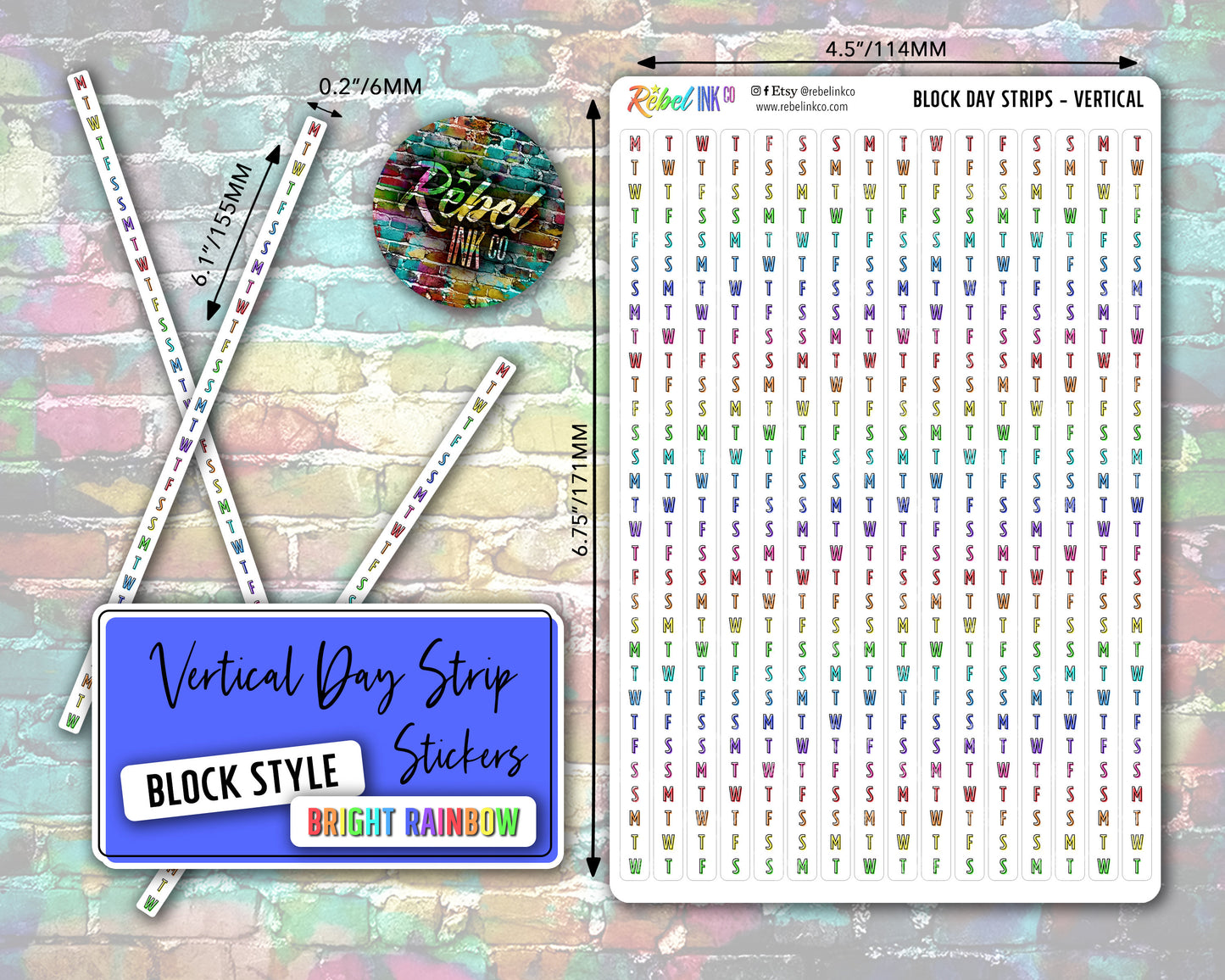 Vertical Day Strip Stickers - Bright - Block Style